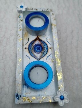 Hand-Crafted Blue Evil Eye Tealight Holder and tray made of casting resin 4"×10"